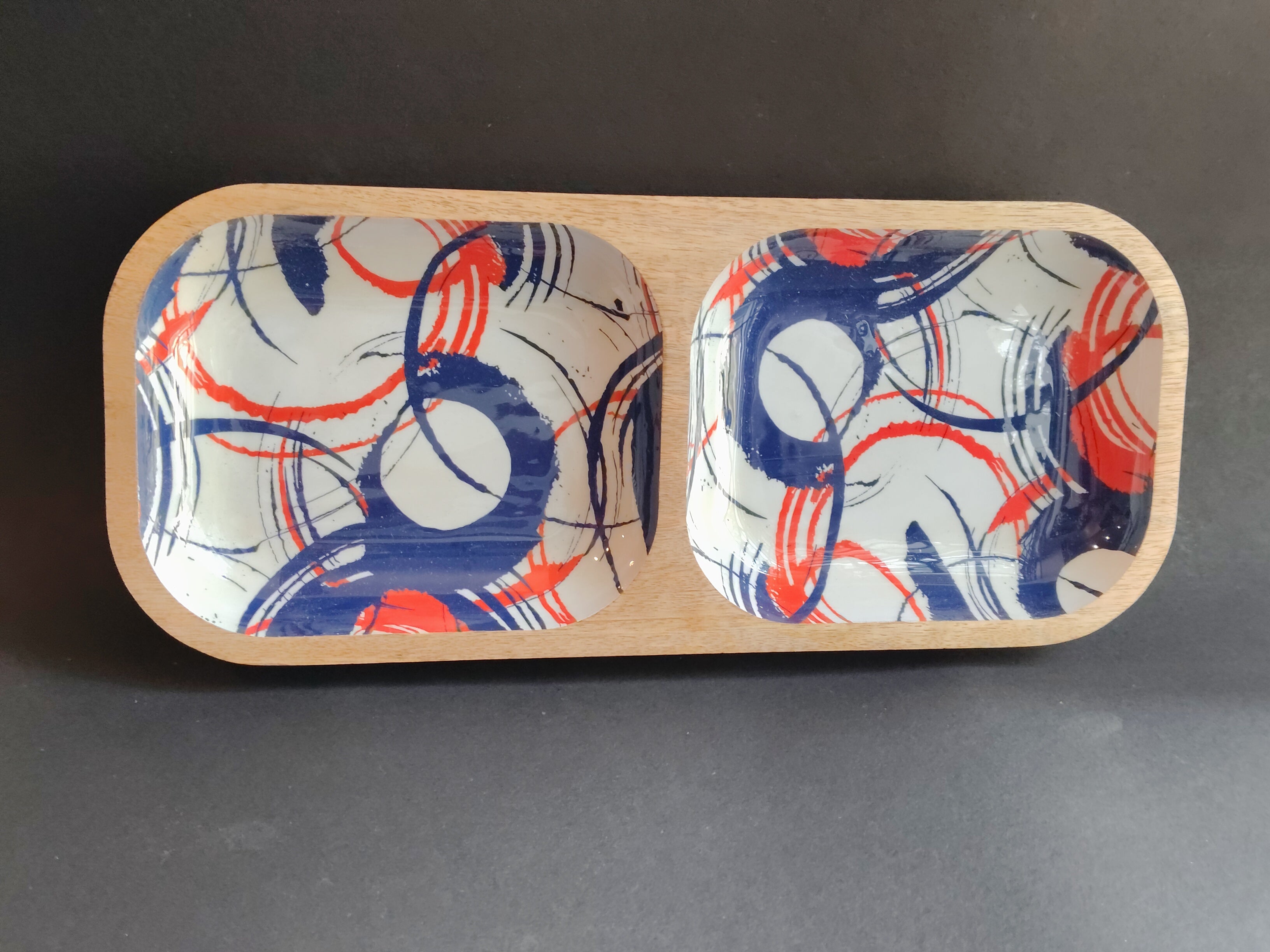 Serving Tray|Mango wood with Enamel| Set of 1| Blue, Red, White| Rectangular