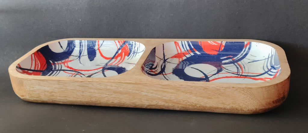 Serving Tray|Mango wood with Enamel| Set of 1| Blue, Red, White| Rectangular