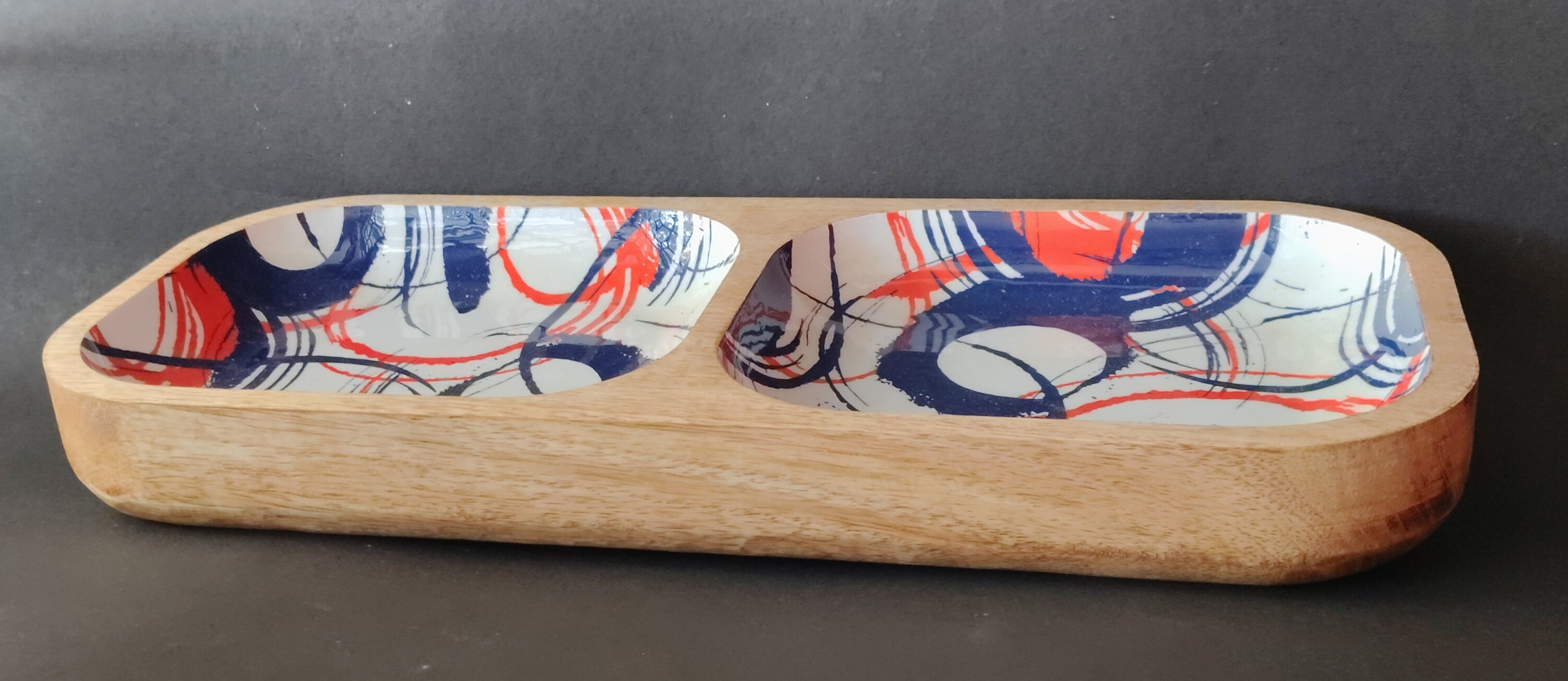 Serving Tray|Mango wood with Enamel| Set of 1| Blue, Red, White| Rectangular