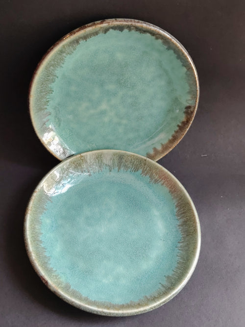 Ceramic Snack Plates|Clay glazed pottery| Set of 2| Green| Round