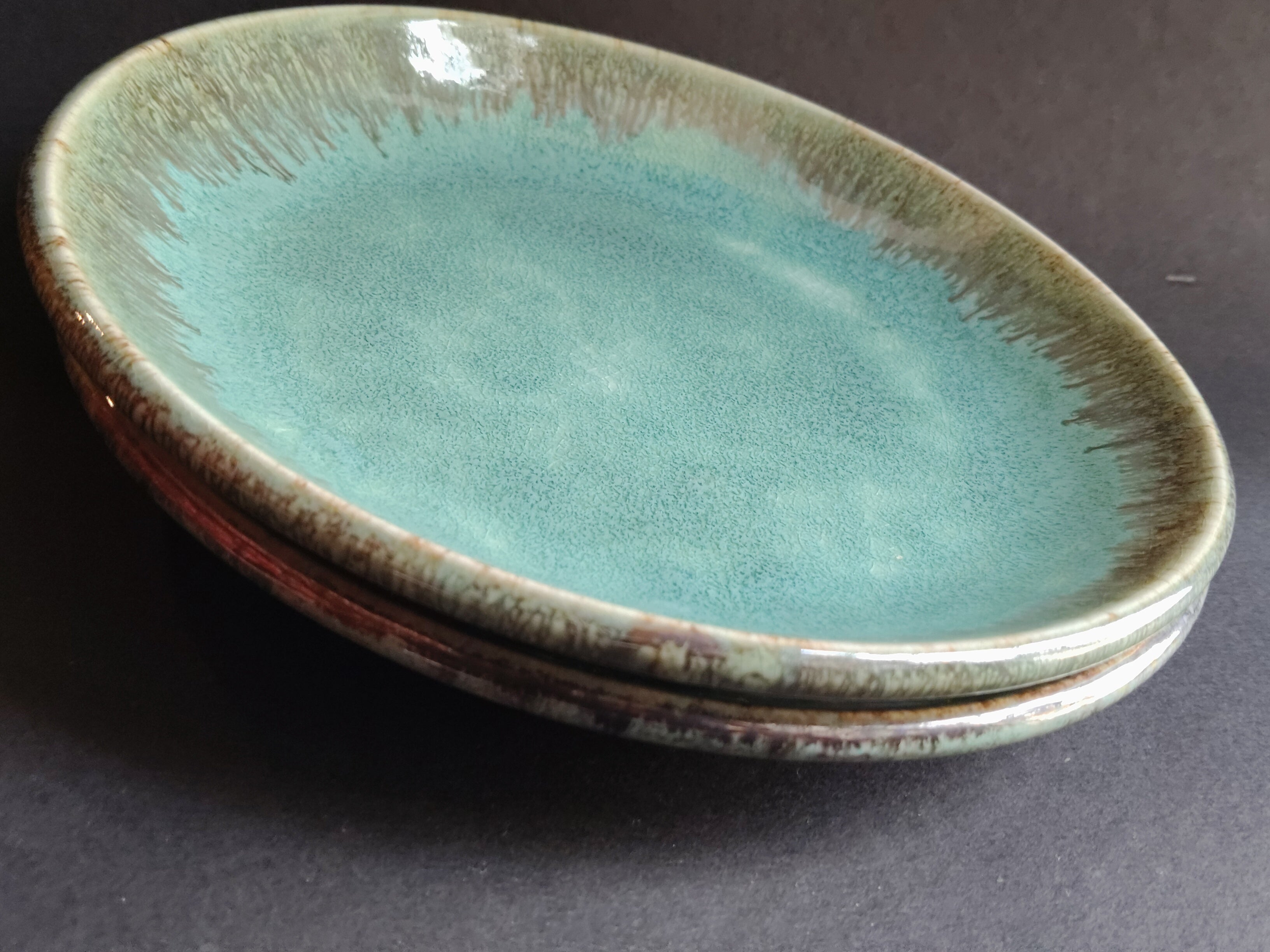 Ceramic Snack Plates|Clay glazed pottery| Set of 2| Green| Round
